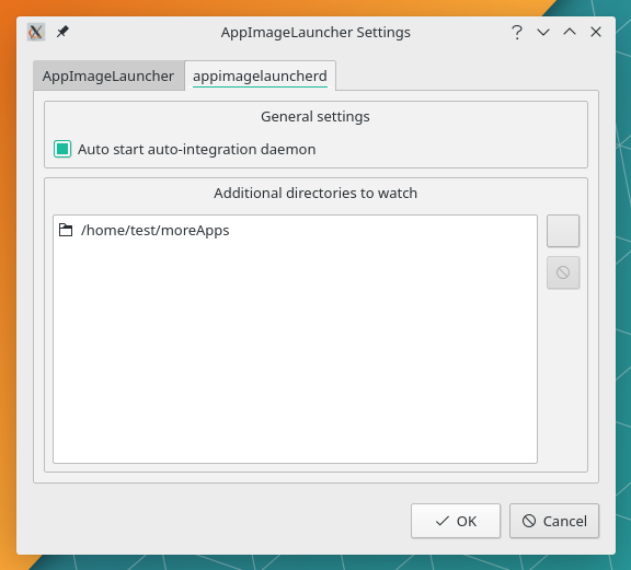 Same dialog as above, but with a custom additional directory for appimagelauncherd to watch